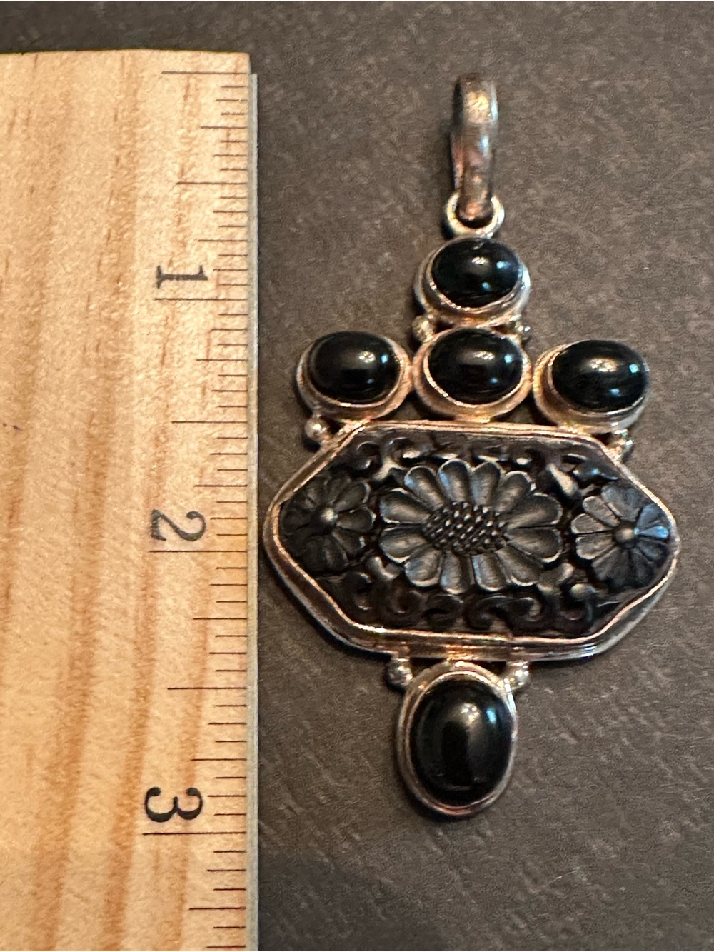 Sterling Silver Black Onyx Floral Pendant Statement Necklace - Picture 2 of 5